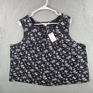 Lucky Brand Women XXL Black Floral Cotton Tank Top Tie Neck Lace Trim NWT NEW